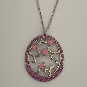 925 Silver oval life tree pink hearts cz necklace